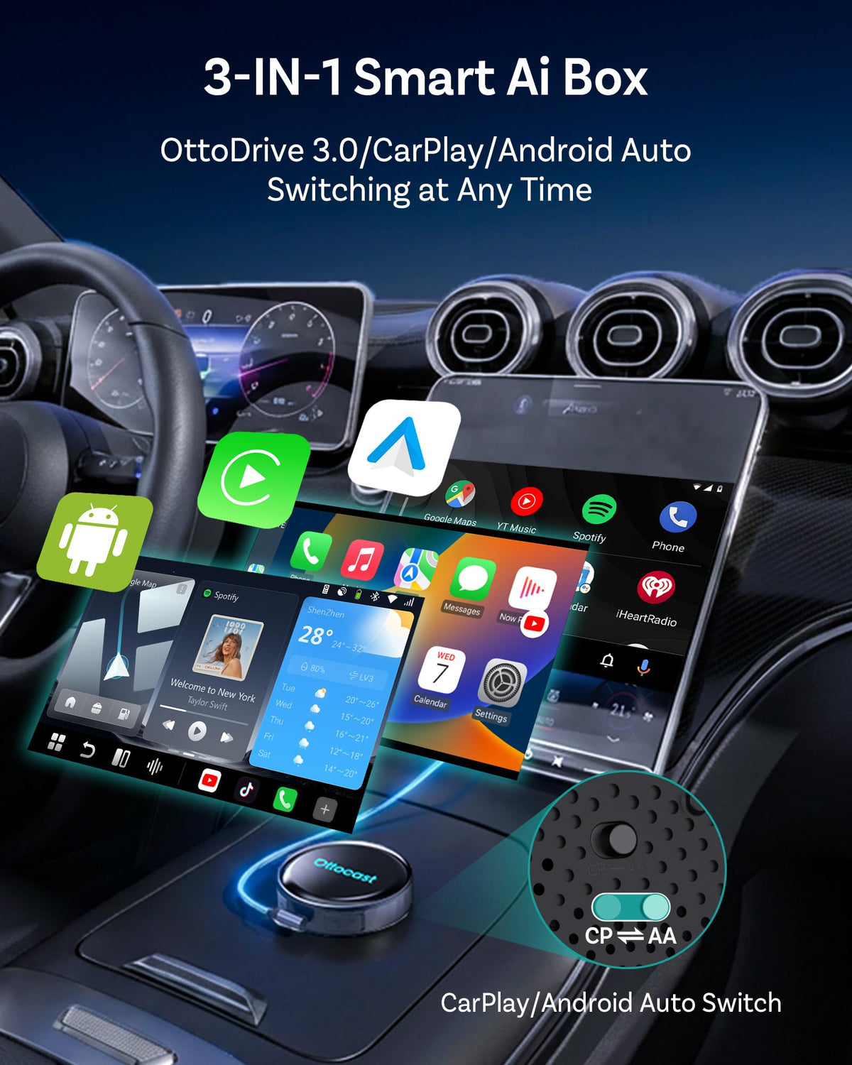 OTTOCAST P3 Pro dashboard setup enabling wireless CarPlay and Android Auto