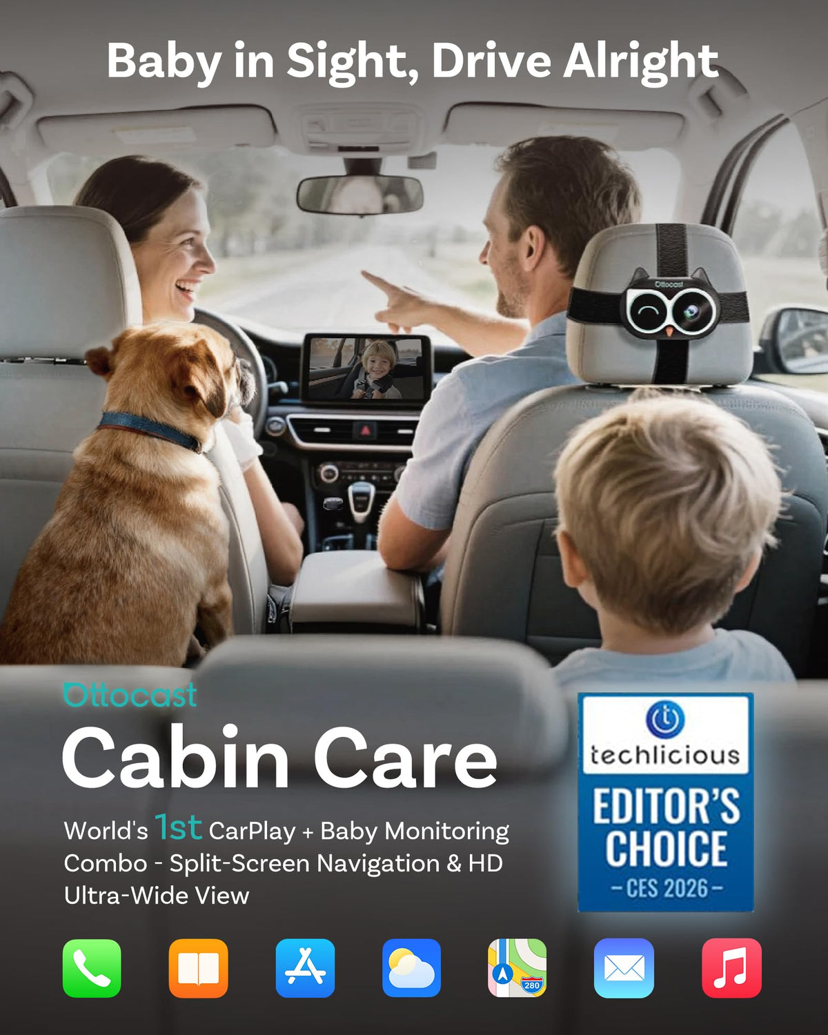Ottocast split-screen view blends CarPlay with baby feed for multitasking.