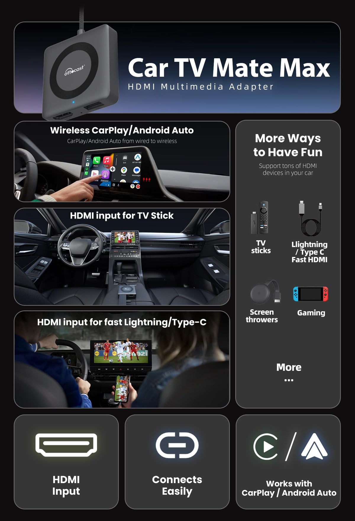 OTTOCAST wireless Android Auto connects Android for hands-free use.
