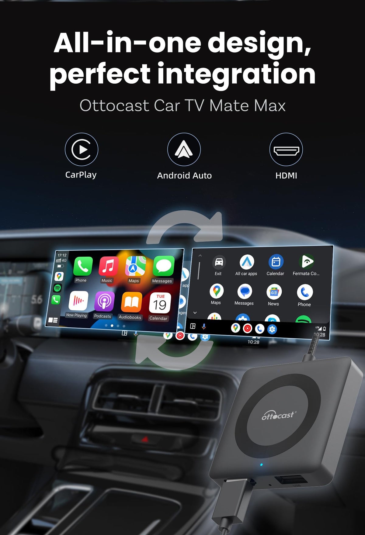 OTTOCAST wireless CarPlay for iPhone enables cable-free navigation and calls.