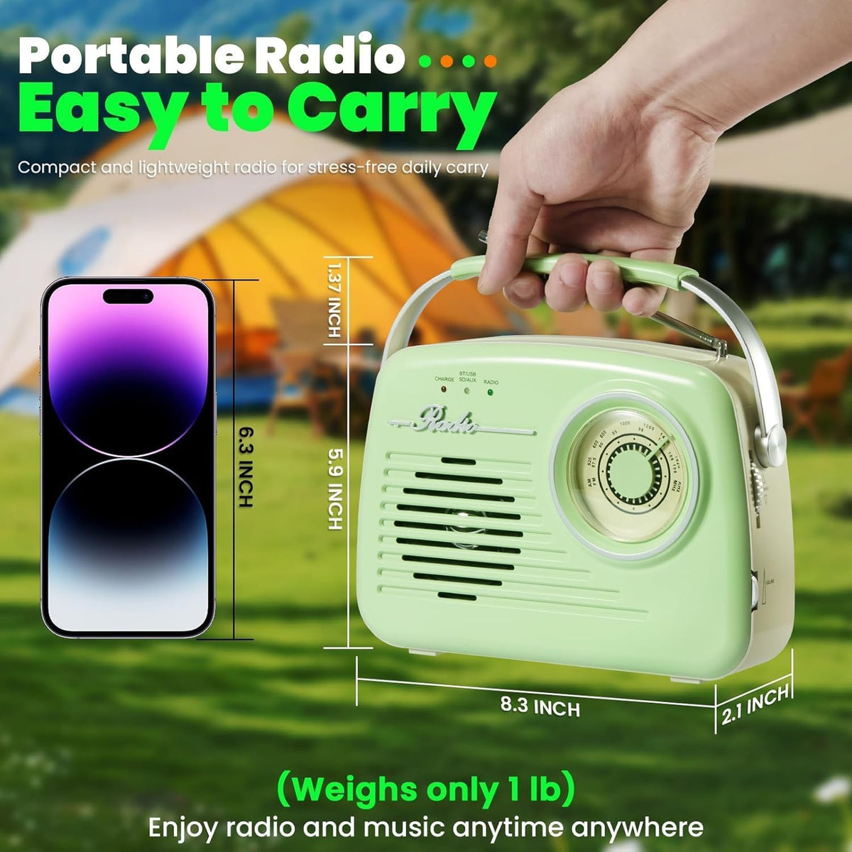 Ottosing green radio with 3.5 mm jack for private listening with headphones.