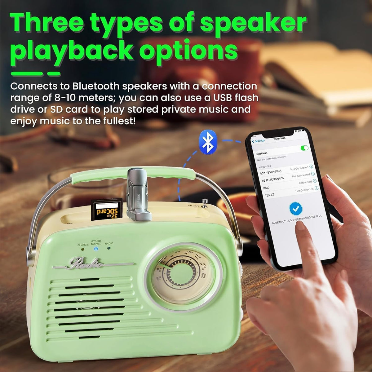 Ottosing radio displaying SD and USB playback options in green color.