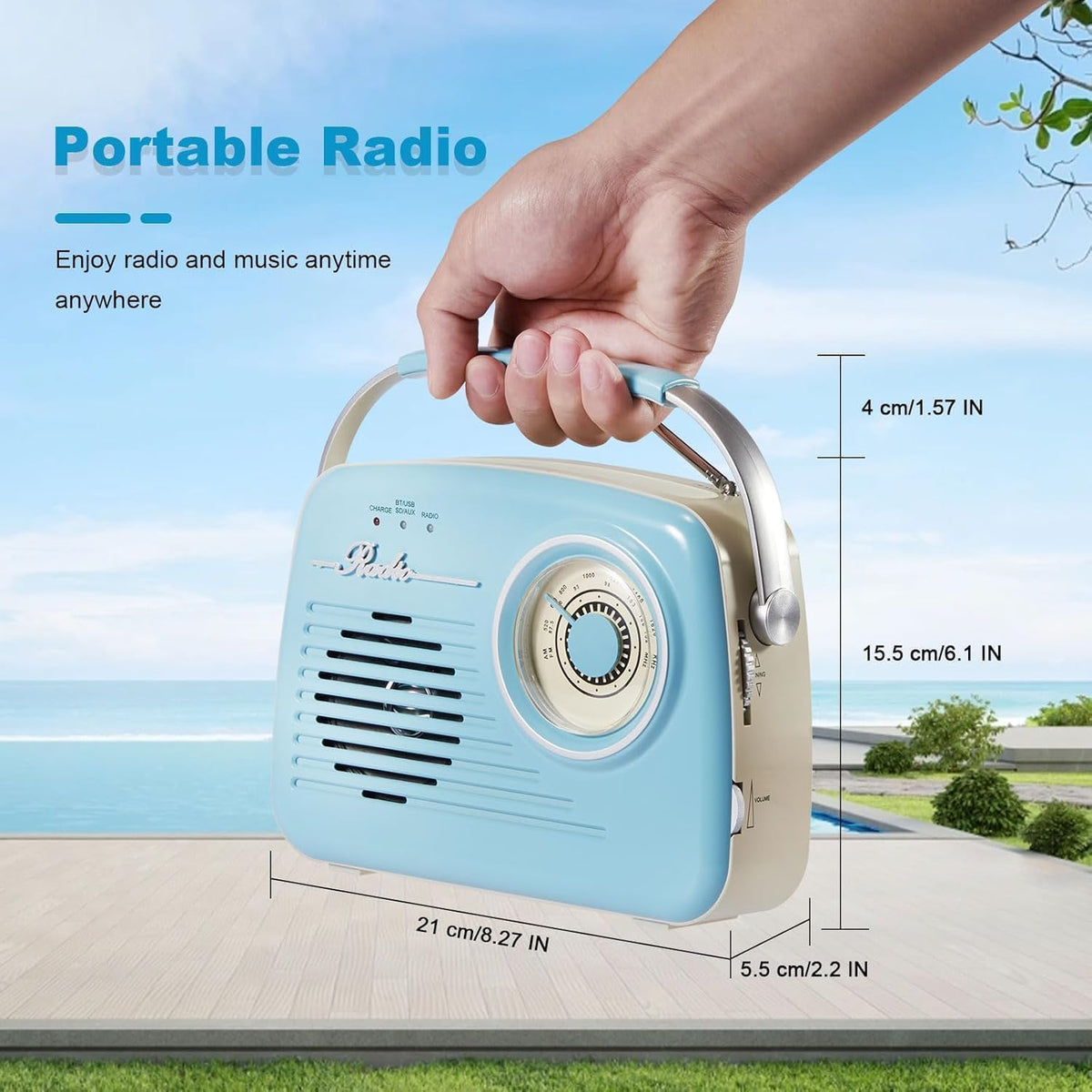 Ottosing Retro Radios blue am-fm display demonstrates broad radio range.