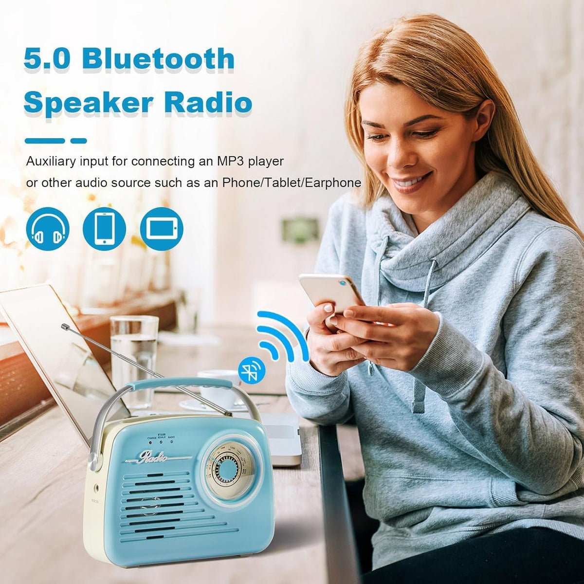Ottosing Retro Radios blue analog tuning dial clearly shows station frequencies.