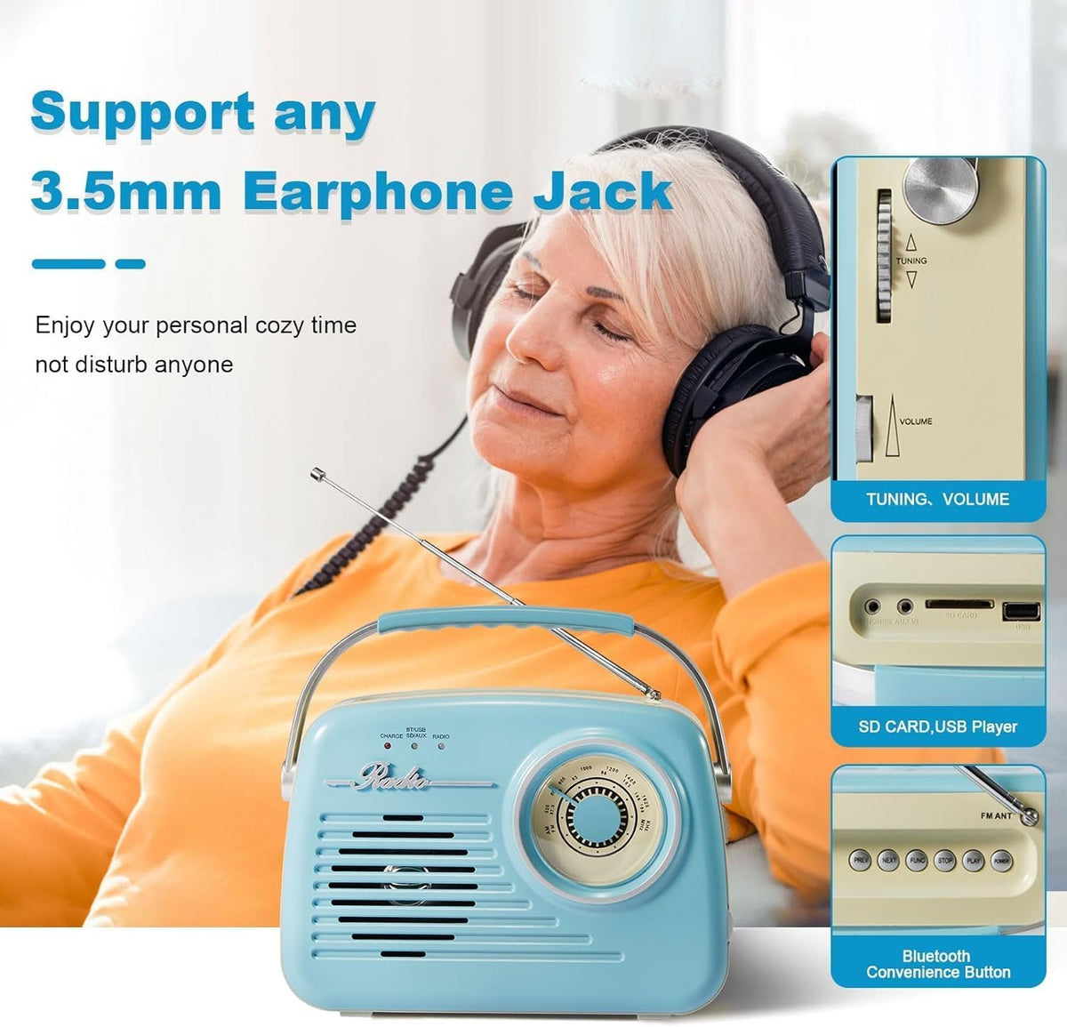 Ottosing Retro Radios blue usb-sd playback delivers convenient music from flash drives.