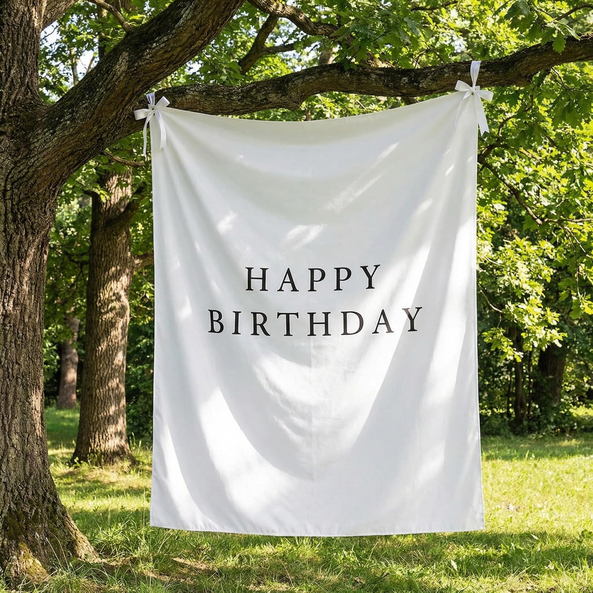 Oudain Happy Birthday Burlap Banner 75x100cm hung on wall for rustic decor.