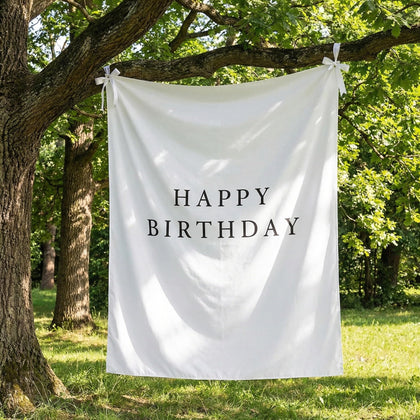 Oudain Happy Birthday Burlap Banner 75x100cm hung on wall for rustic decor.