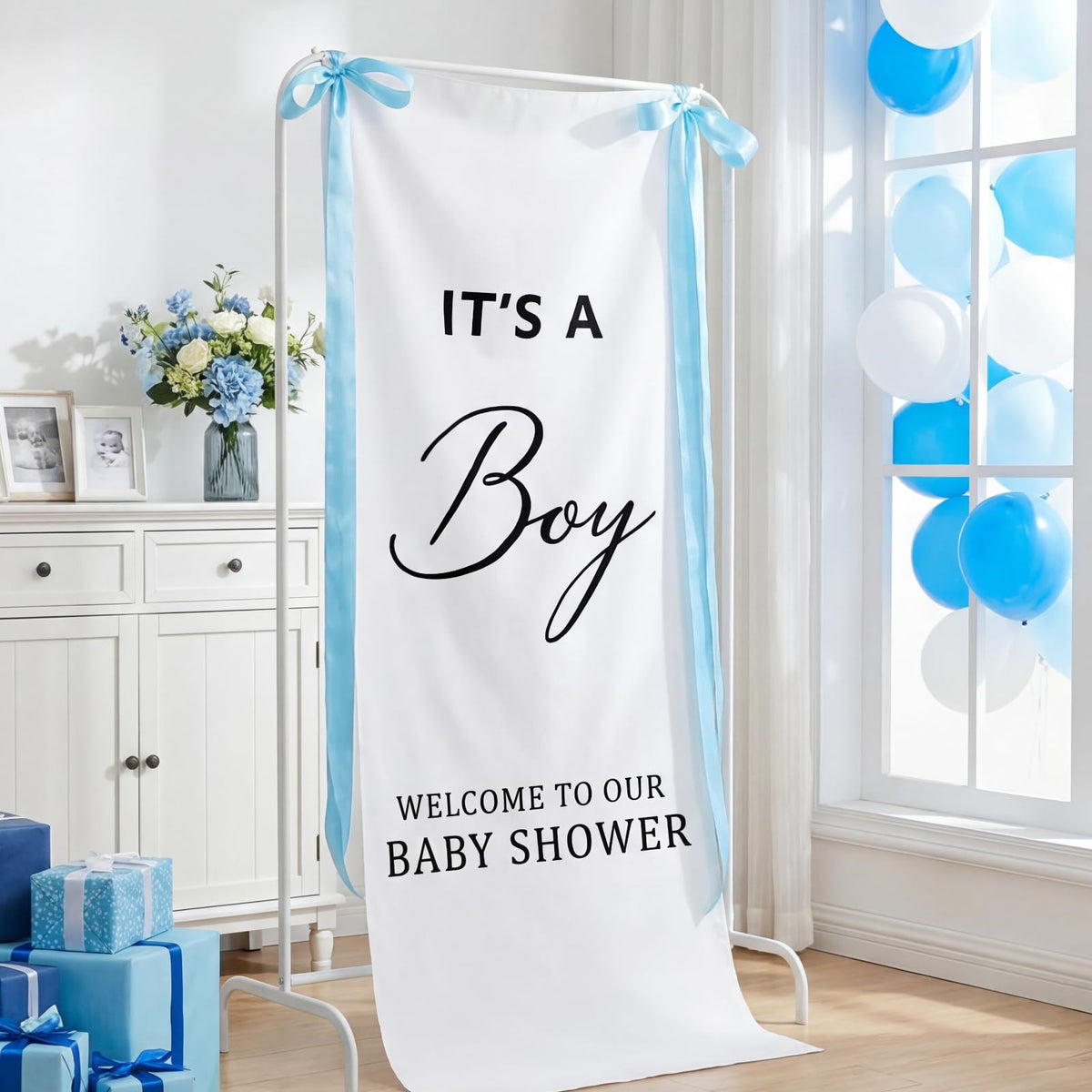 Oudain It's a Boy burlap banner for baby shower photos.