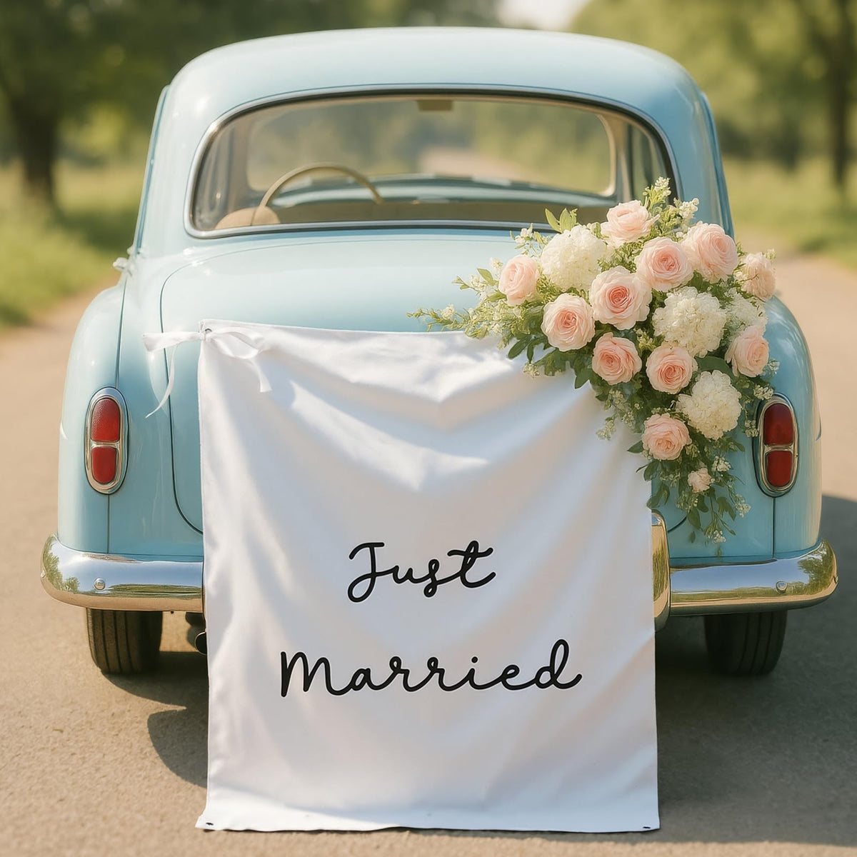 Oudain Just Married banner close-up showing rustic burlap texture for a charming wedding backdrop.