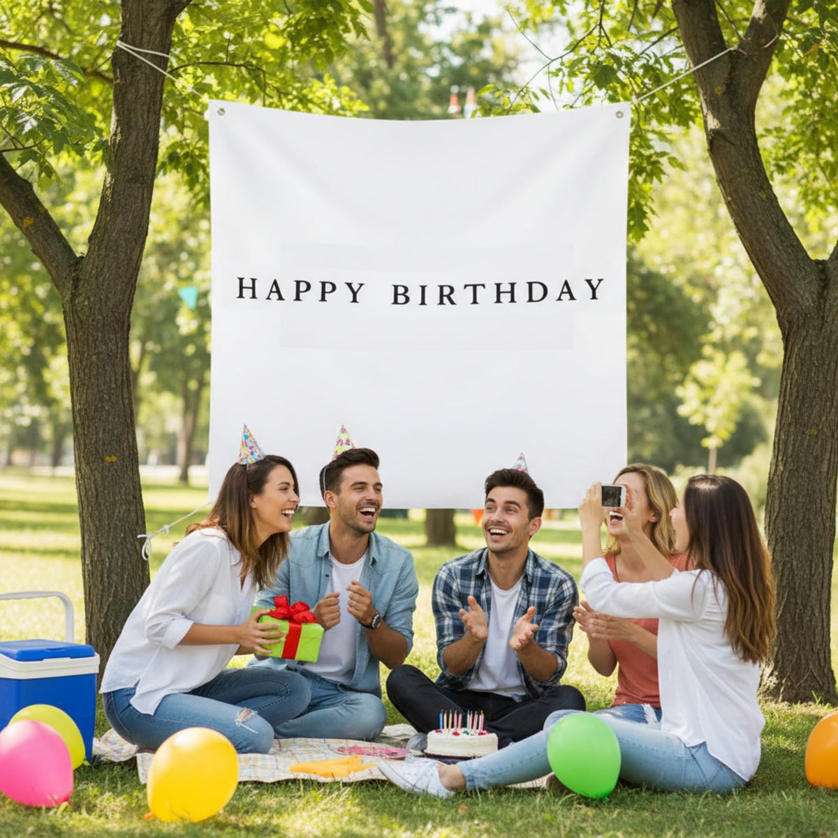 Oudain metal clips securing the banner for outdoor parties.