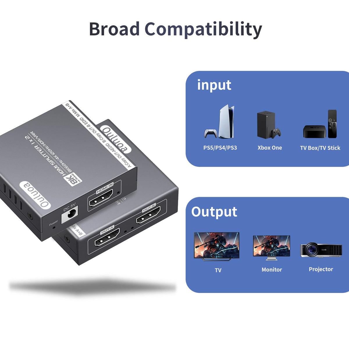 Ouluoa beside HDMI cable and ruler for scale, compact portable splitter