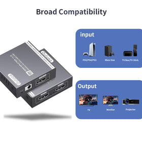 Ouluoa beside HDMI cable and ruler for scale, compact portable splitter