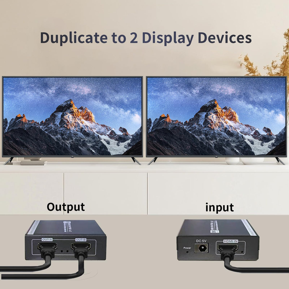 Ouluoa rear ports close-up showing two HDMI outputs and single input, easy connections