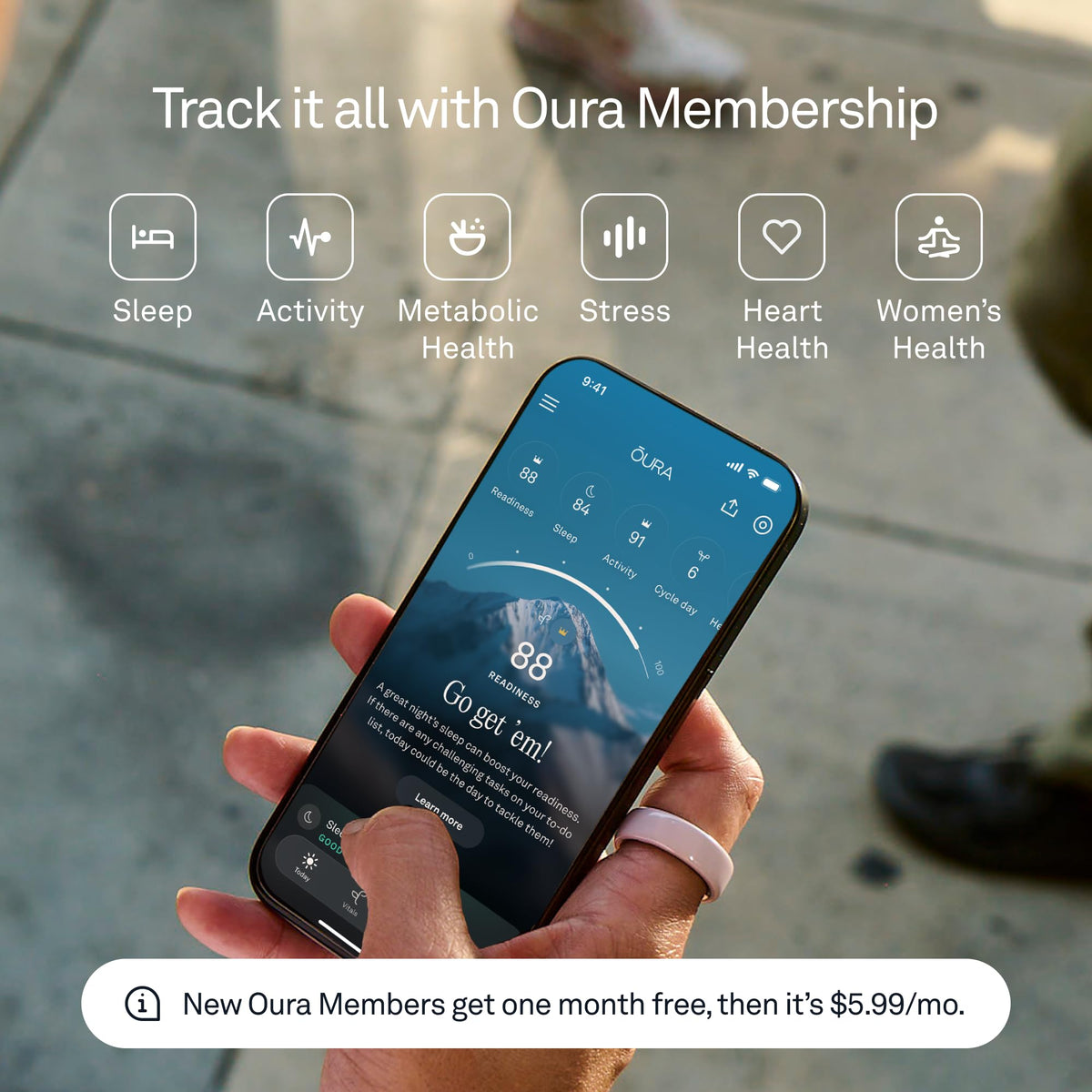 Oura Ring 4 Ceramic Petal charging pad image hints long battery life.