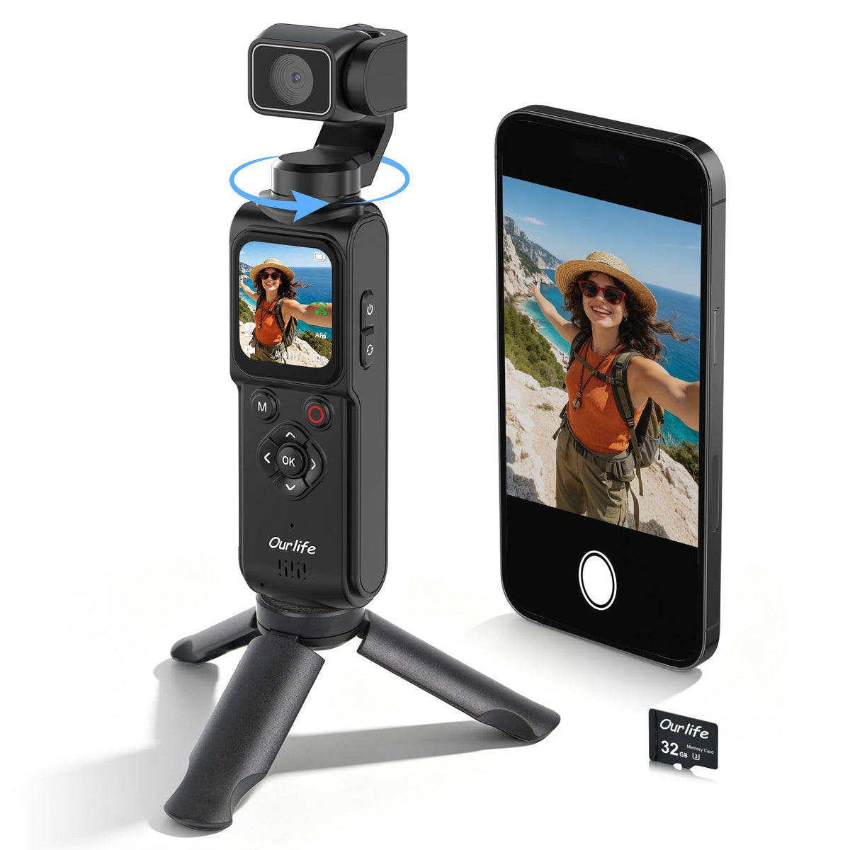 Ourlife Pocket Vlogging Camera front view shows 4K capture for daily vlogs.