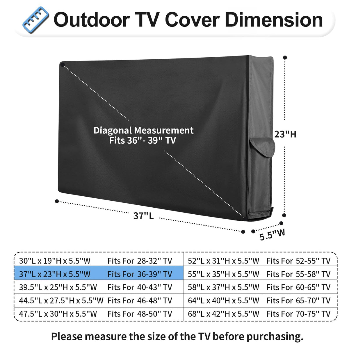 OutdoorLines TV cover back opening shows universal bracket compatibility.