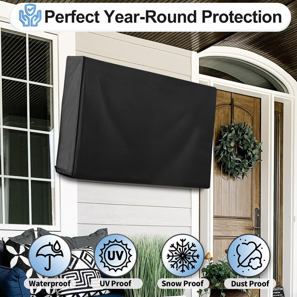 OutdoorLines weatherproof-material UV-coating guards front-view TV against sun and moisture.