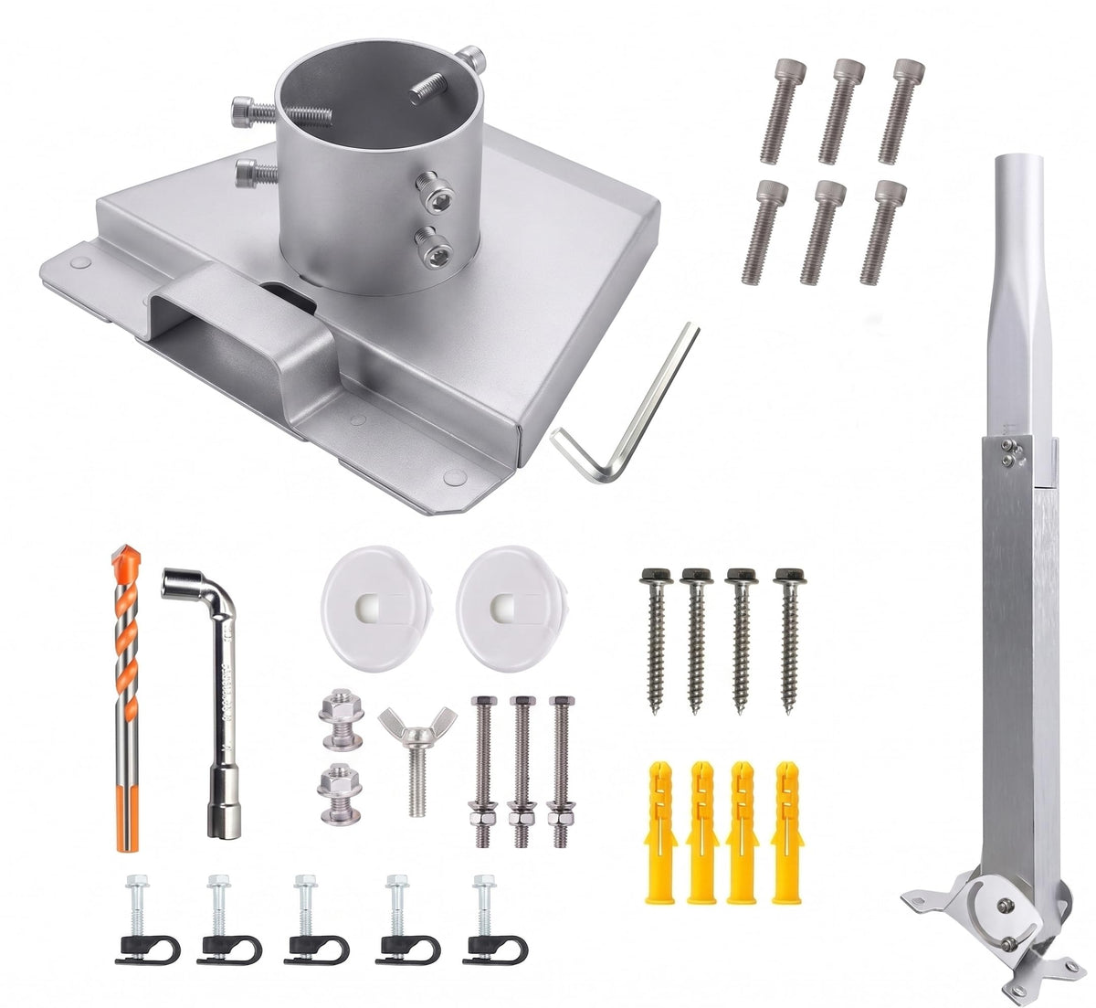 Outrails stainless steel base with six screws providing triangular stability and wind resistance