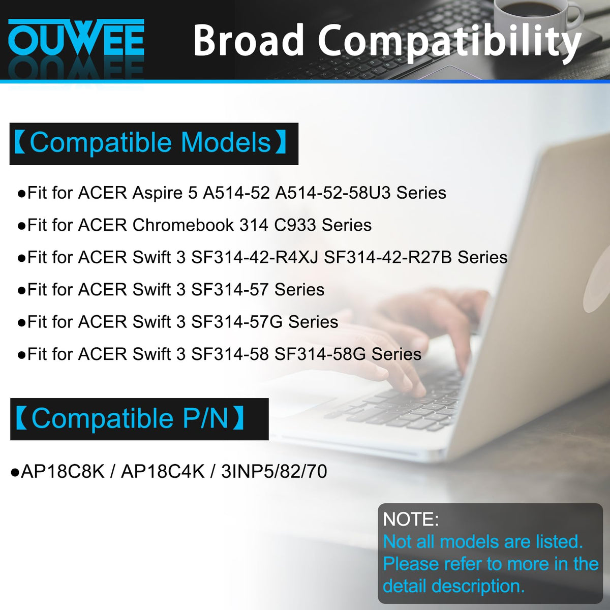 OUWEE battery label and specs showing AP18C8K part number and voltage