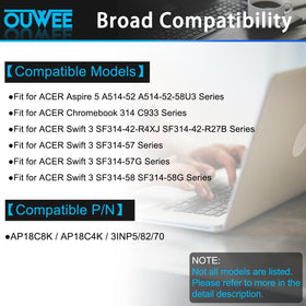 OUWEE battery label and specs showing AP18C8K part number and voltage