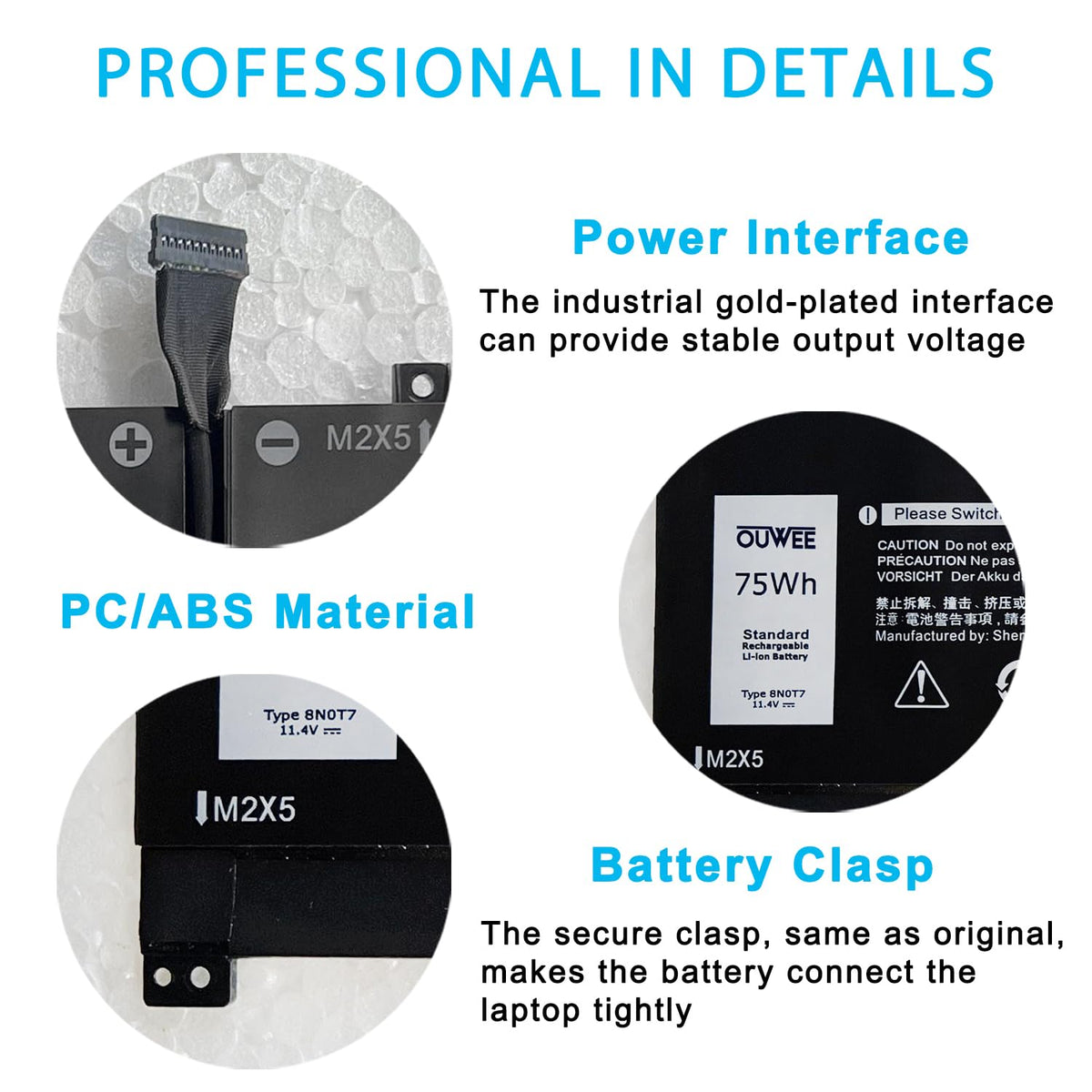 OUWEE battery connector detail highlighting secure connection benefit