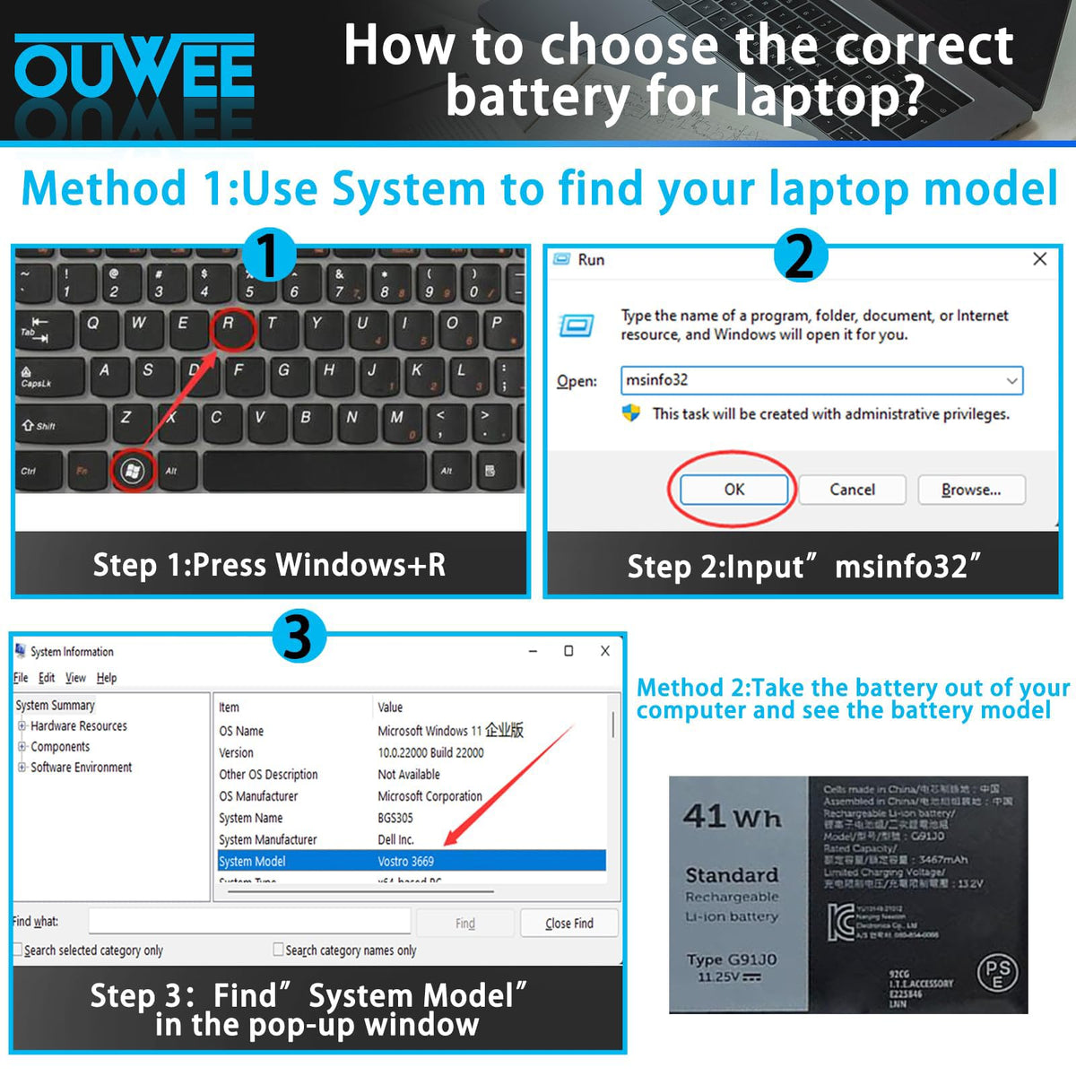 OUWEE battery installed in a Dell laptop demonstrating restored portability and runtime