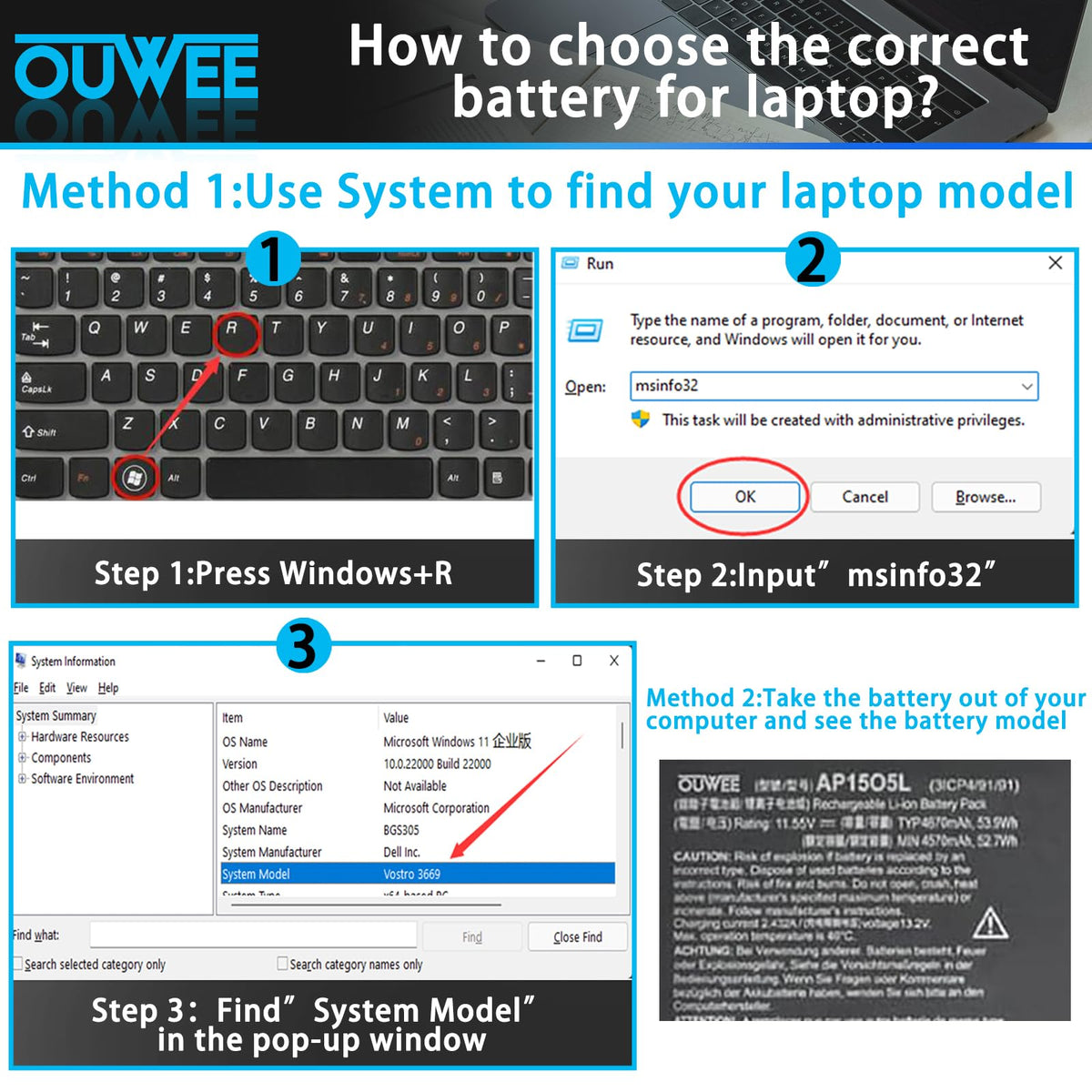 OUWEE battery installed in Acer laptop demonstrating restored run time