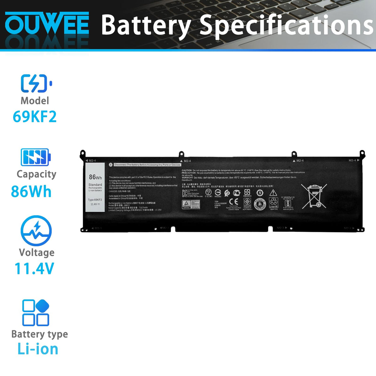 OUWEE close-up label of 86Wh 11.4V battery indicating capacity and safe specs