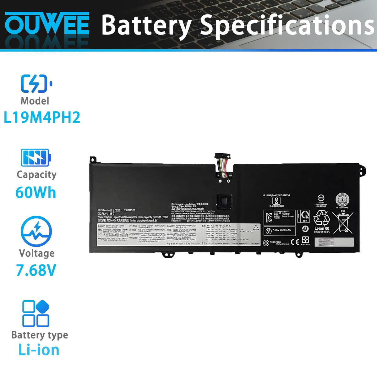 OUWEE close-up of battery label confirming part number and safety certifications