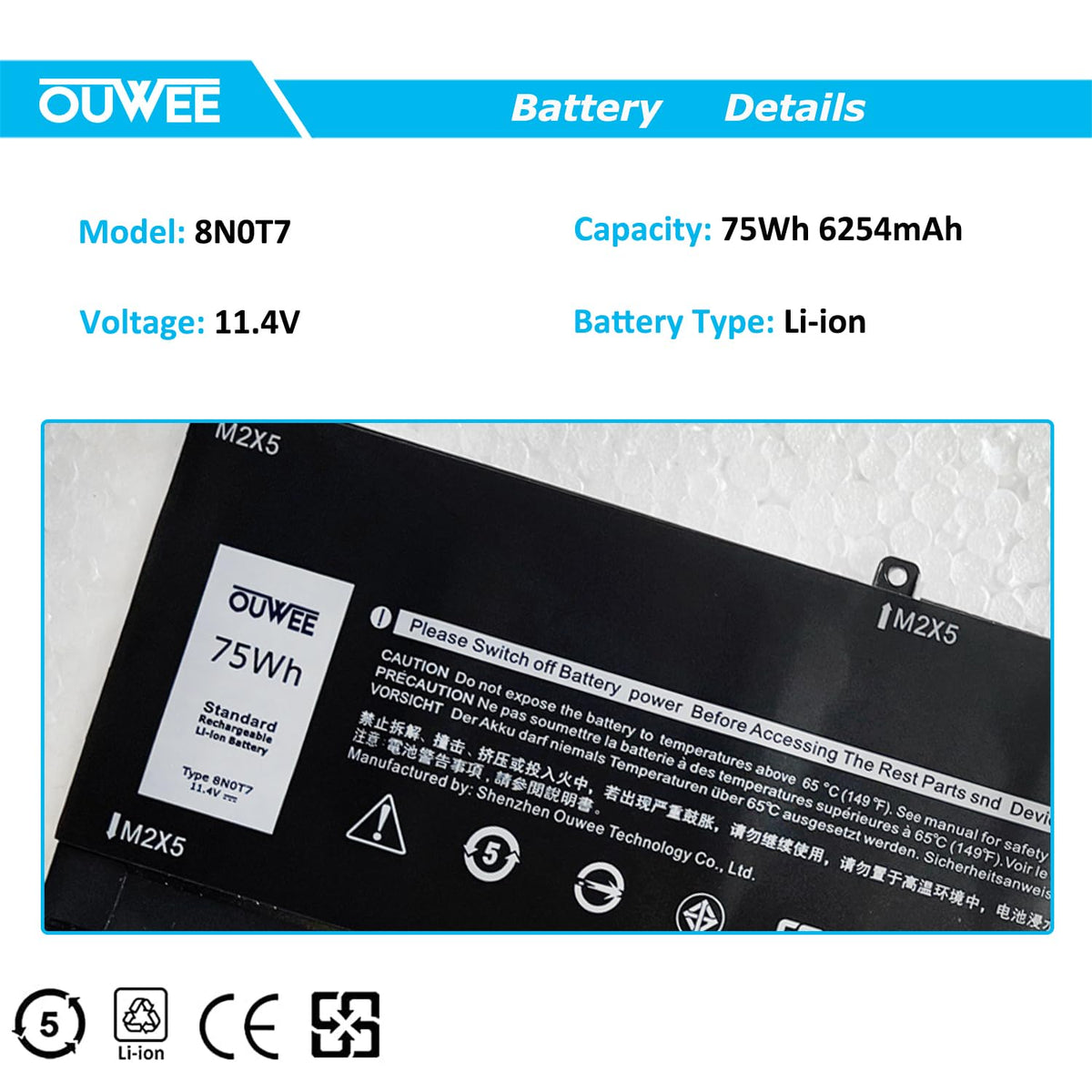 OUWEE battery label closeup displaying part numbers for easy matching