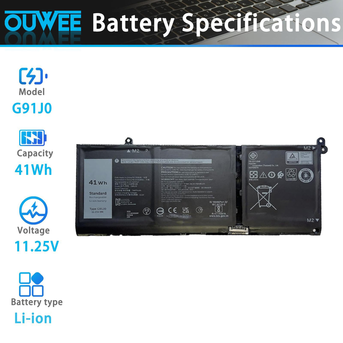 OUWEE battery label closeup displaying G91J0 specifications and compatibility details