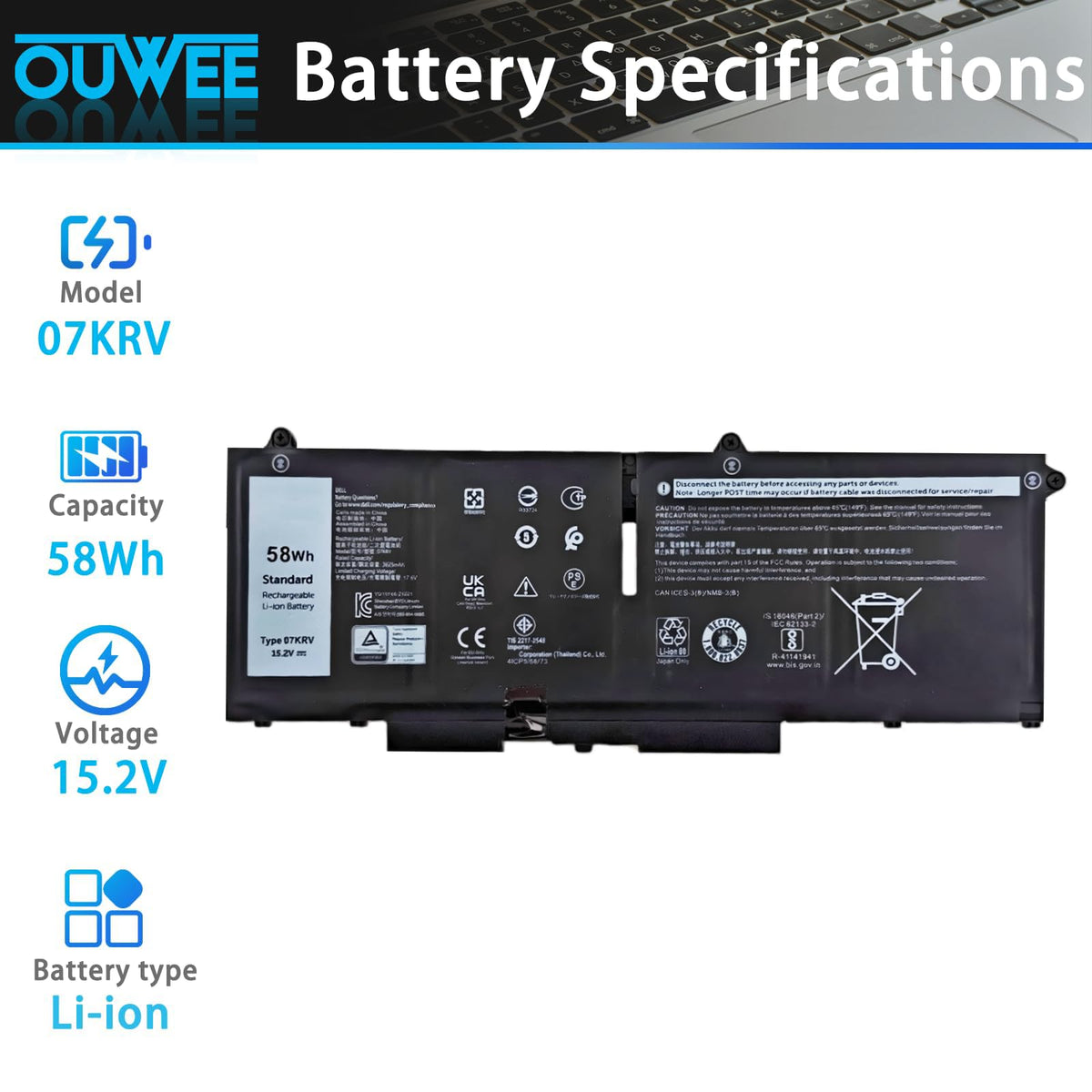 OUWEE battery top label close-up displaying voltage and capacity for confidence in specs