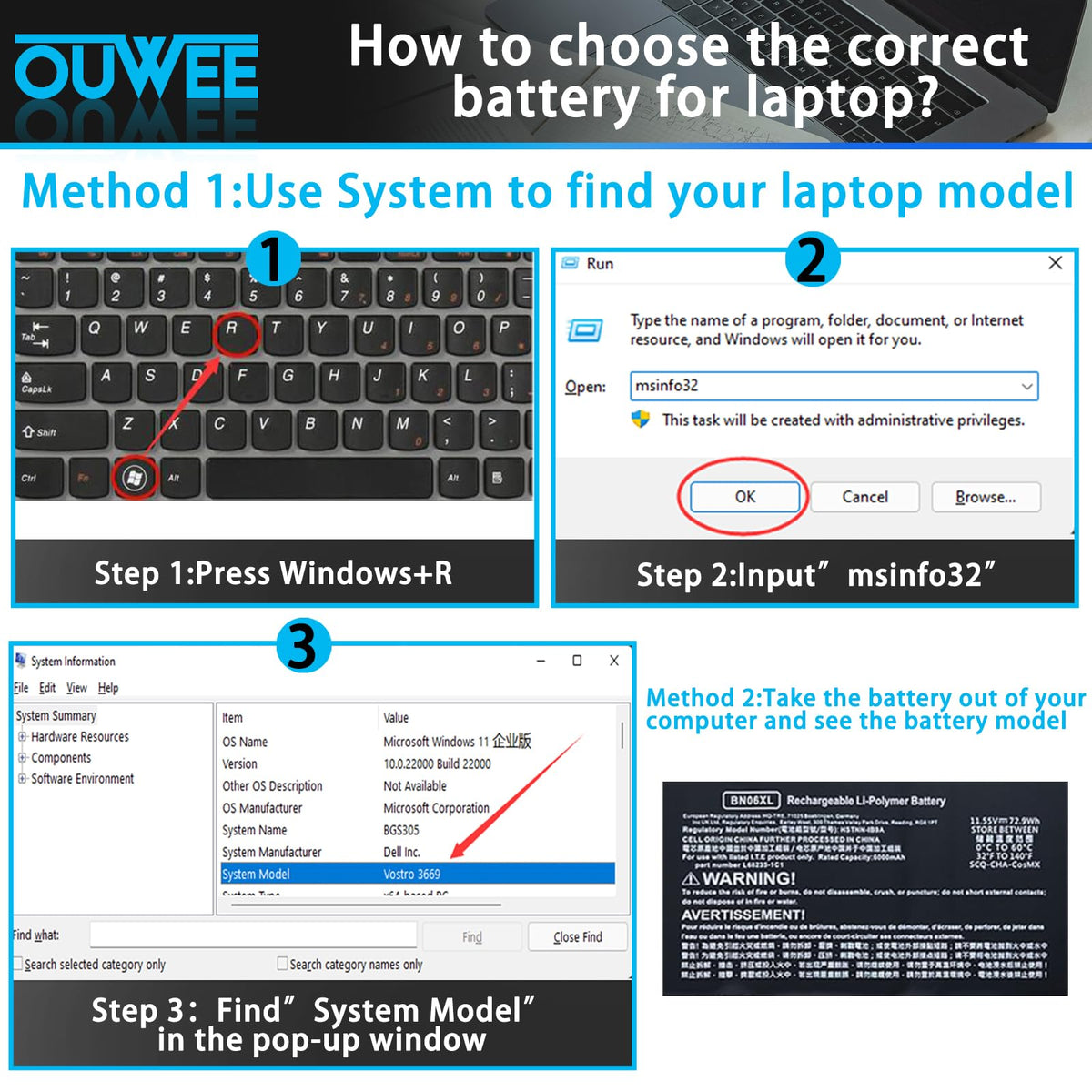 OUWEE capacity label detail highlighting 72.9Wh and 11.55V specification