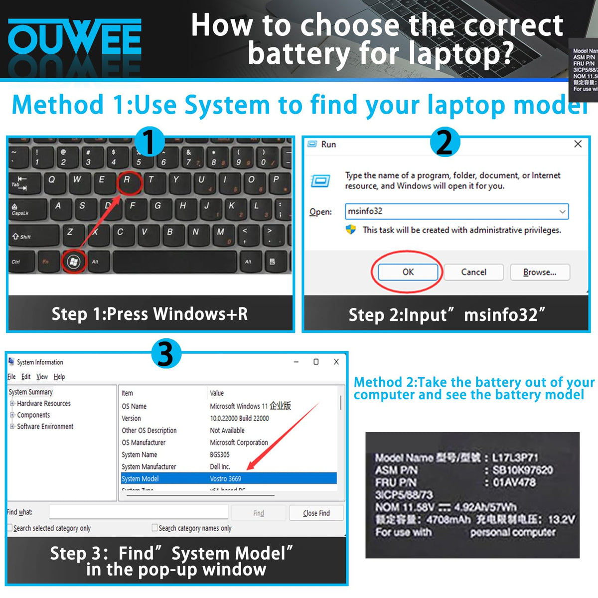 OUWEE battery installed in a Lenovo ThinkPad T480S showing restored runtime