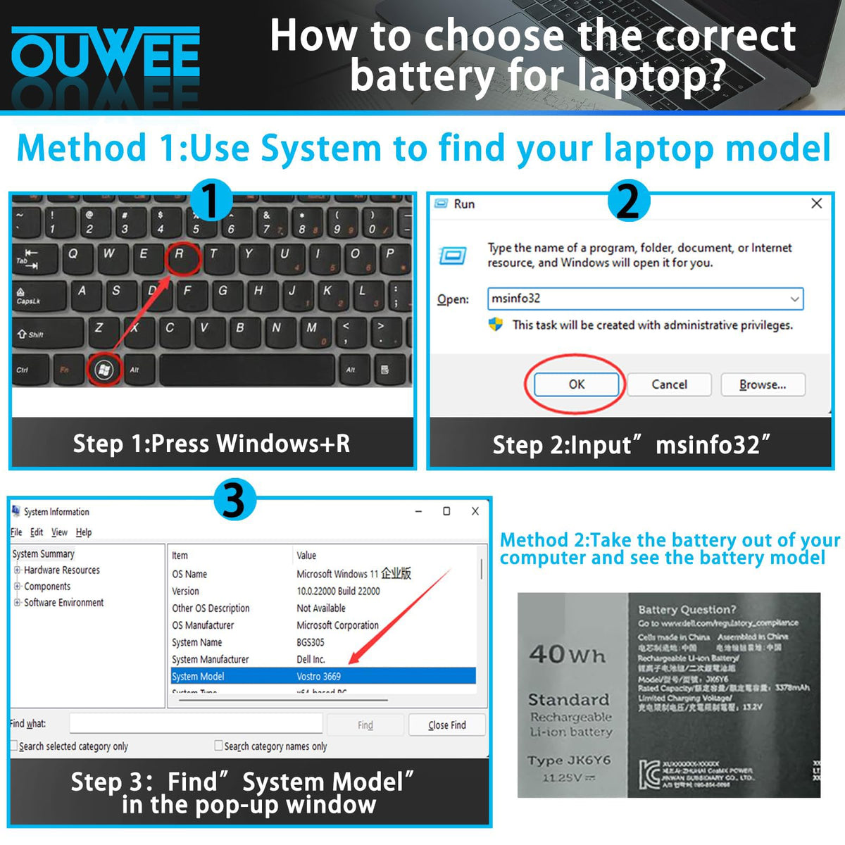 OUWEE capacity sticker highlighting 11.25V 40Wh, confirms energy rating