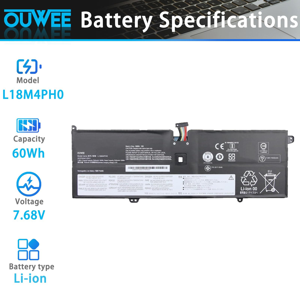 OUWEE battery top label close-up showing specifications for easy identification