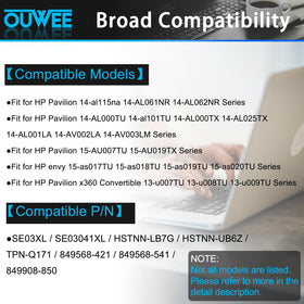 OUWEE SE03XL label and specs showing voltage and capacity for compatibility
