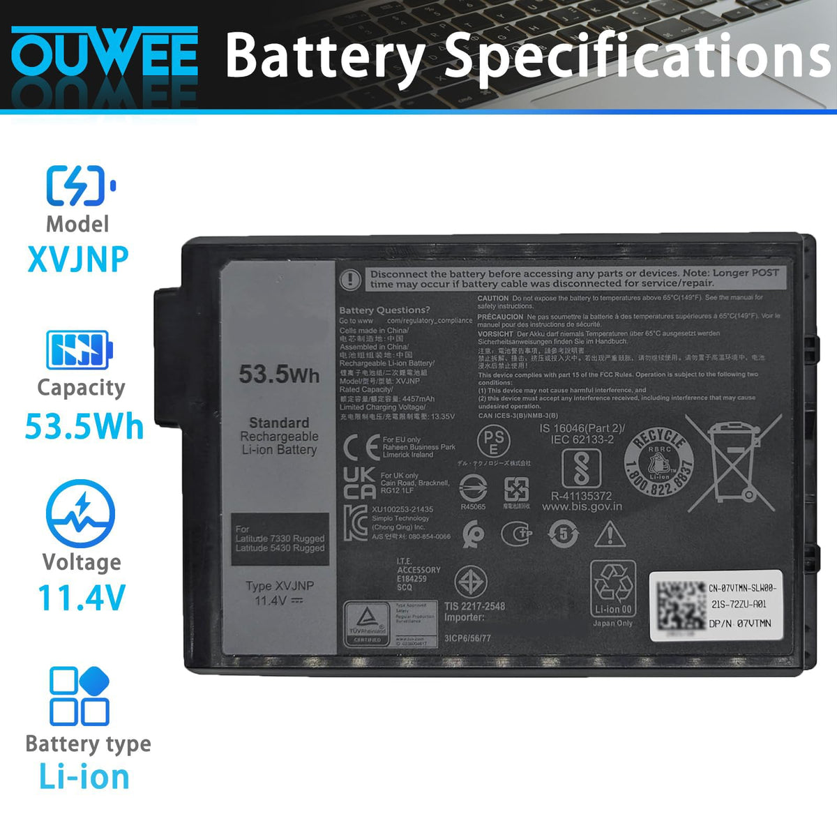 OUWEE XVJNP battery side connectors close-up showing rugged Dell Latitude compatibility