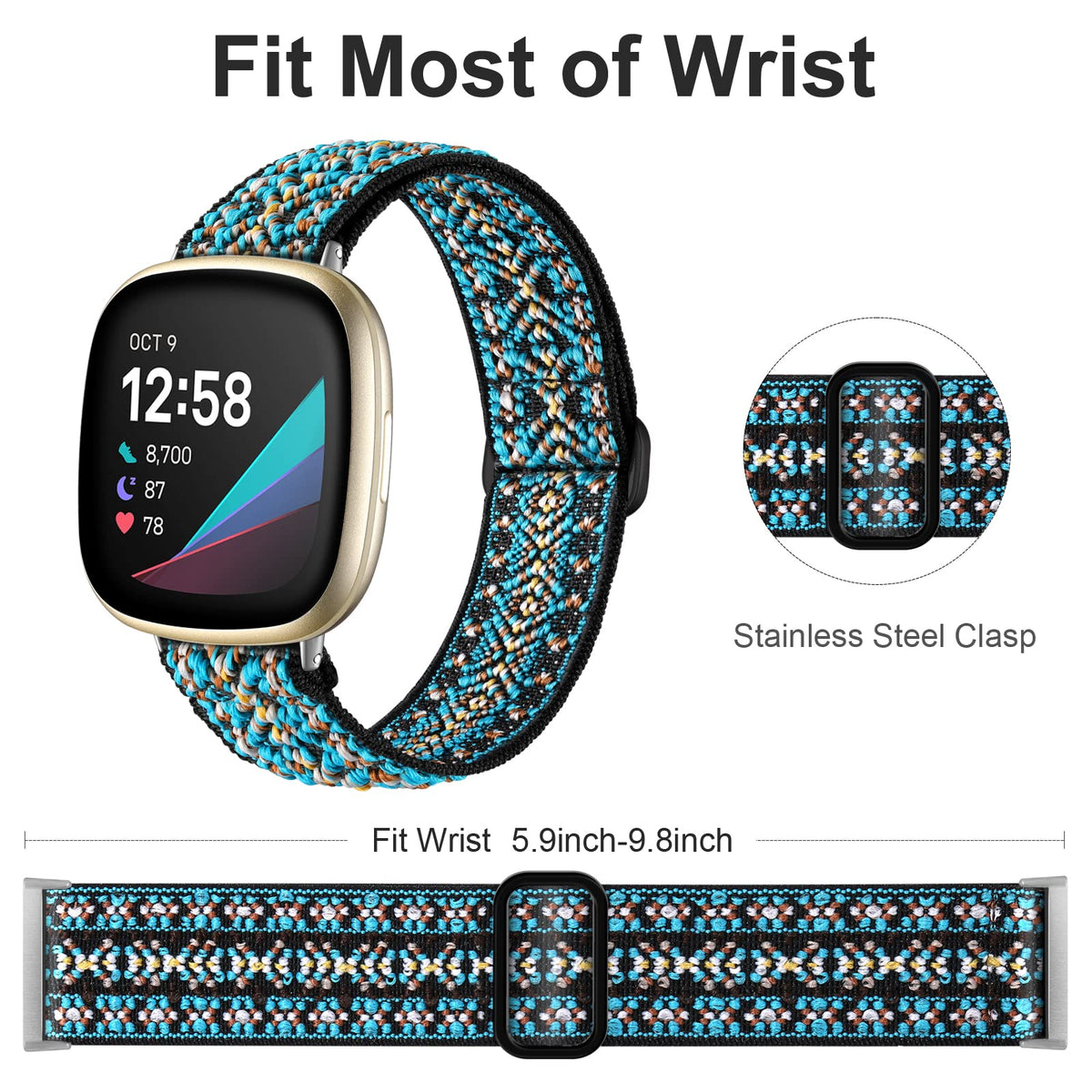 Ouwegaga elastic band for Fitbit Sense 2 strap, flexible comfort with quick snap-in connectors