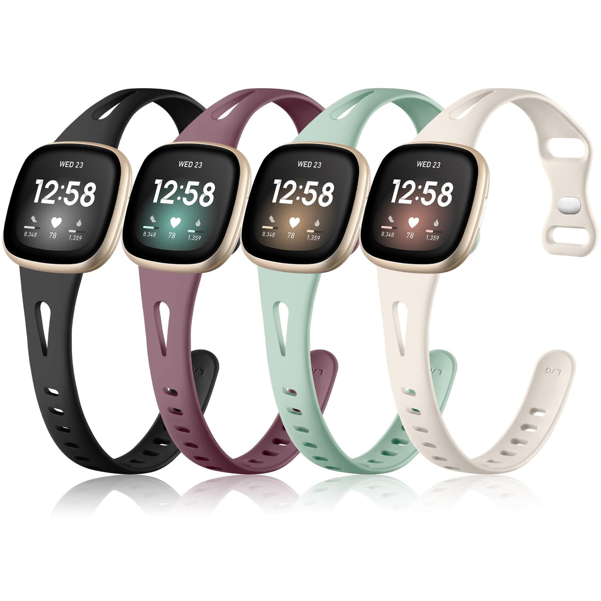 Ouwegaga slim band for Versa 4/3 and Sense 2, four-pack, comfortable fit.
