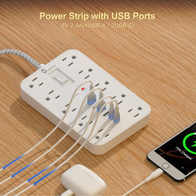 Overtop flat-plug braided-cord image highlights tight-space setup and durability.