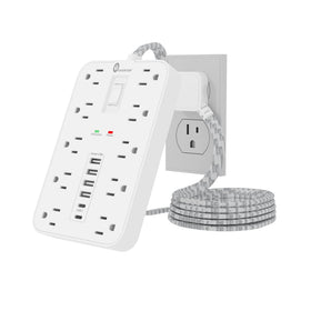 Overtop power strip 16-in-1 desk view demonstrates organized workspace with multiple outlets.