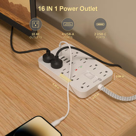 Overtop power strip USB ports closeup shows 2 USB-C fast charging options.