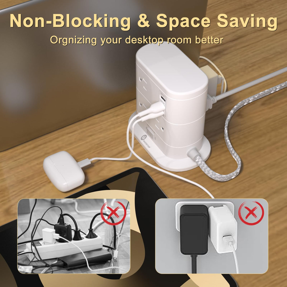 Overetop dorm or office setup powers multiple devices neatly