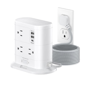 Overetop surge protector tower with seven outlets and USB ports for organized charging