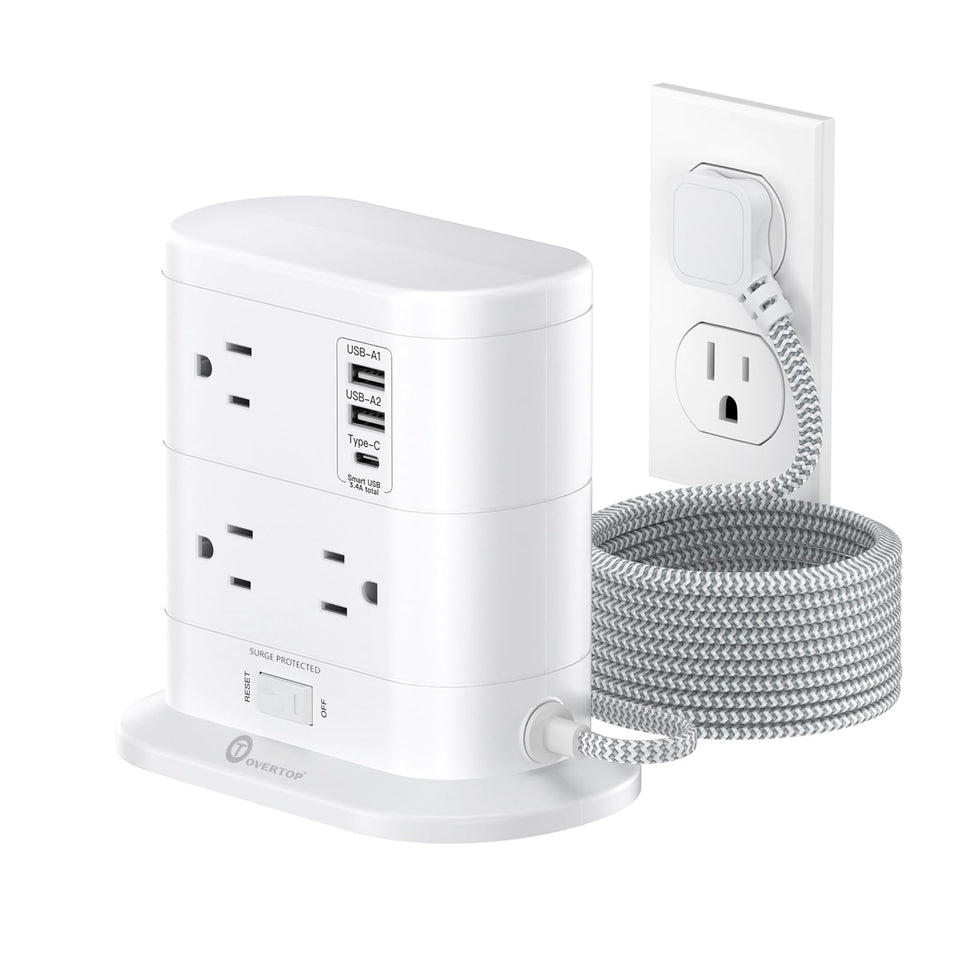 Overetop surge protector tower with seven outlets and USB ports for organized charging