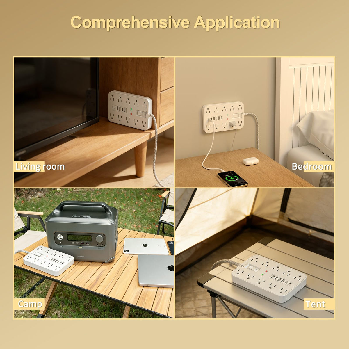 Overtop wide outlet spacing image highlights organized power distribution.