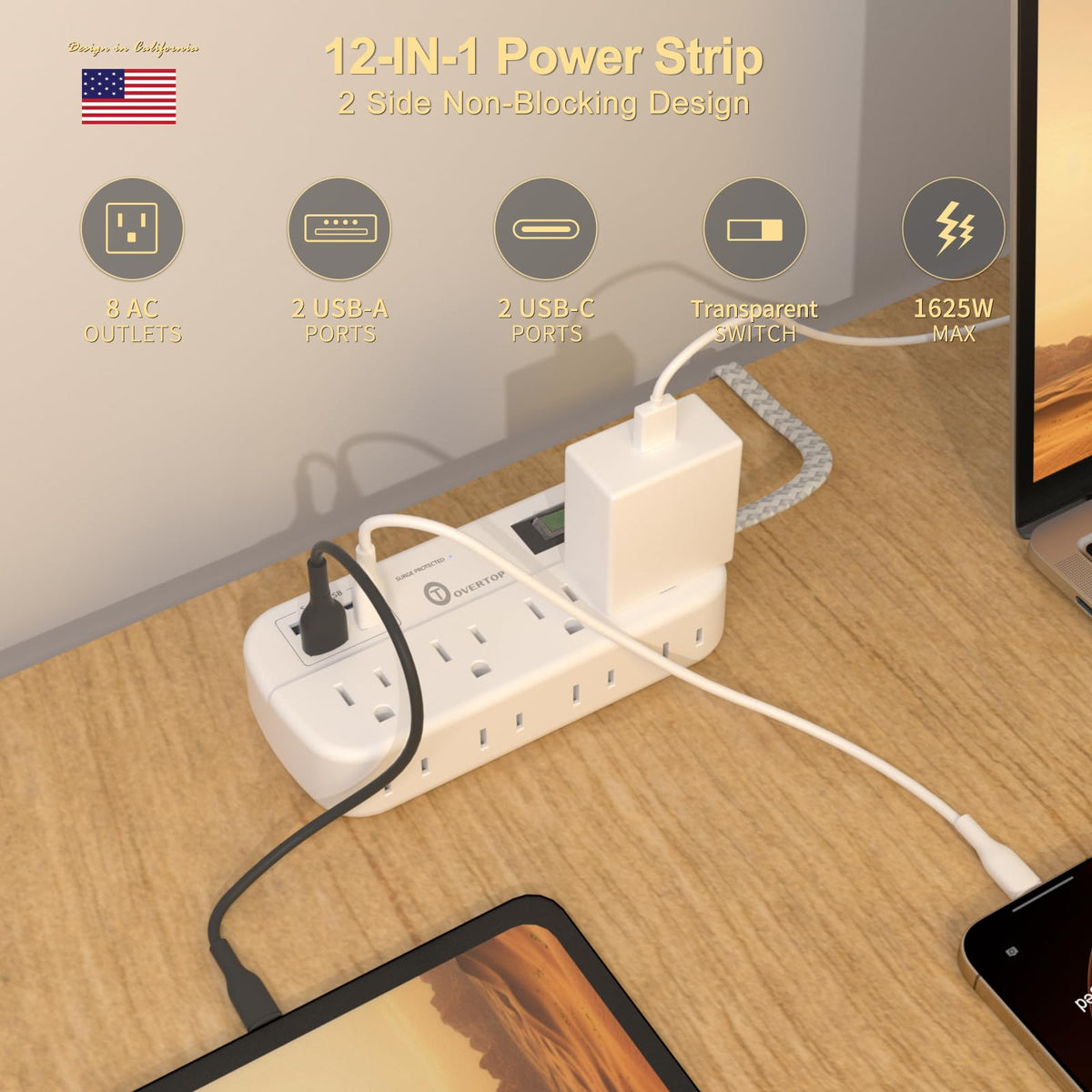 Overtop power strip with eight outlets for organized charging