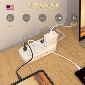 Overtop power strip with eight outlets for organized charging