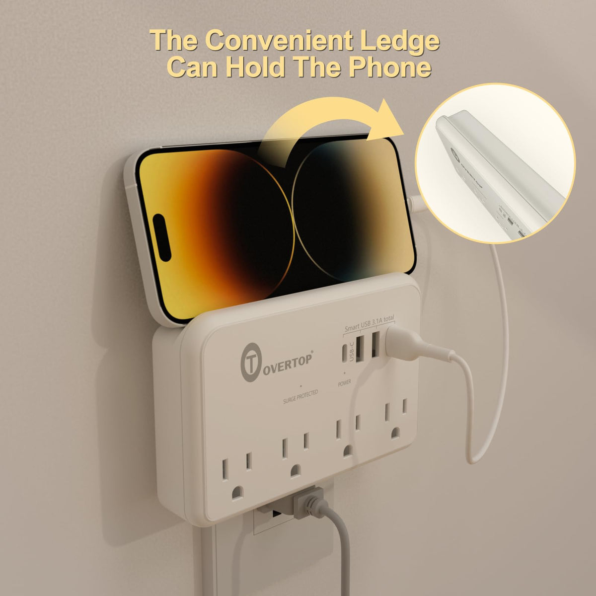 Overtop unit shows four AC outlets and four USB ports for versatile charging